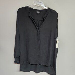 Ana Women's medium black 3/4 long sleeve button closure V-neck sheer blouse